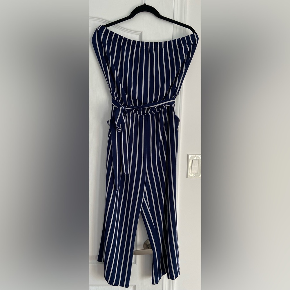 Navy and White Striped Jumpsuit L